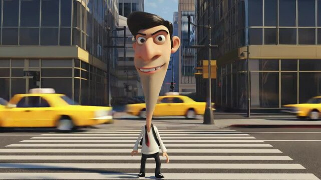 Animated scene of a cartoon man running frantically and desperately down a city street with cars and buildings. Ideal for comedy and frantic motion visuals.