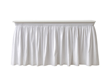 A front view of a white rectangular table elegantly draped with a pristine white tablecloth against a plain white background in a studio setting today.