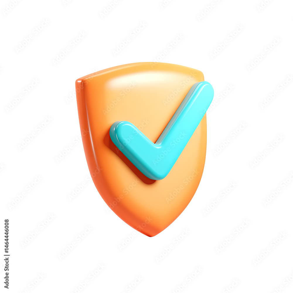 Poster 3d render of an orange shield with a teal check mark on transparent background