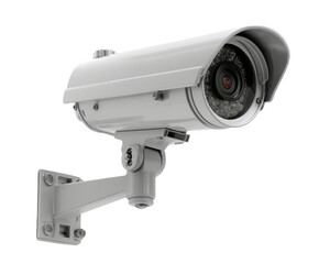 A white closed-circuit television camera affixed to a bracket monitors premises for security and surveillance, rendered against a clean, isolated white background.