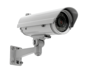 A white closed-circuit television camera affixed to a bracket monitors premises for security and surveillance, rendered against a clean, isolated white background.