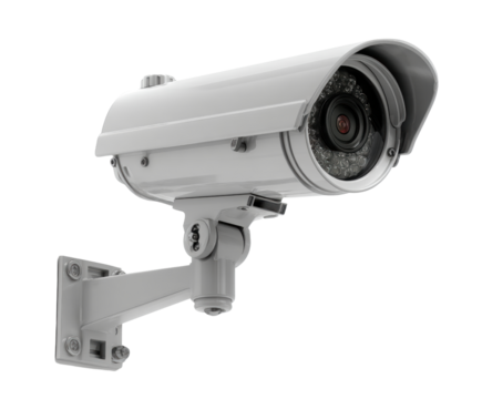 A white closed-circuit television camera affixed to a bracket monitors premises for security and surveillance, rendered against a clean, isolated white background.