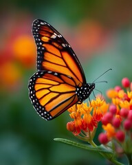Fototapeta premium Vibrant monarch butterfly with orange and black patterned wings perched on bright flowers in a colorful garden setting