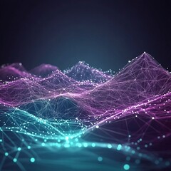 Abstract geometric wireframe landscape with glowing neon grid lines in vibrant purple and teal color scheme, digital minimalism and cyberpunk style.