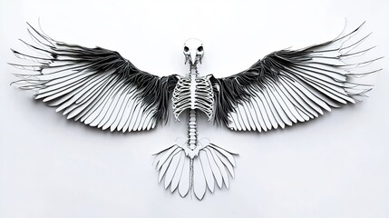 Fototapeta premium A black-and-white illustration of a bird skeleton with spread wings and detailed bones.