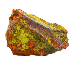 A colorful uranium ore specimen showing vibrant yellow uranium oxide deposits and varied hues of orange and brown mineral matrix against a clean white background.