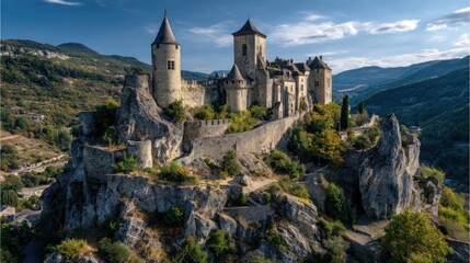 Fototapeta premium Medieval castle perched on rocky hilltop 