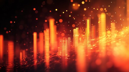 Digital abstract art with glowing light effects representing data visualization, financial growth, and modern technology in vibrant colors, concept design background.