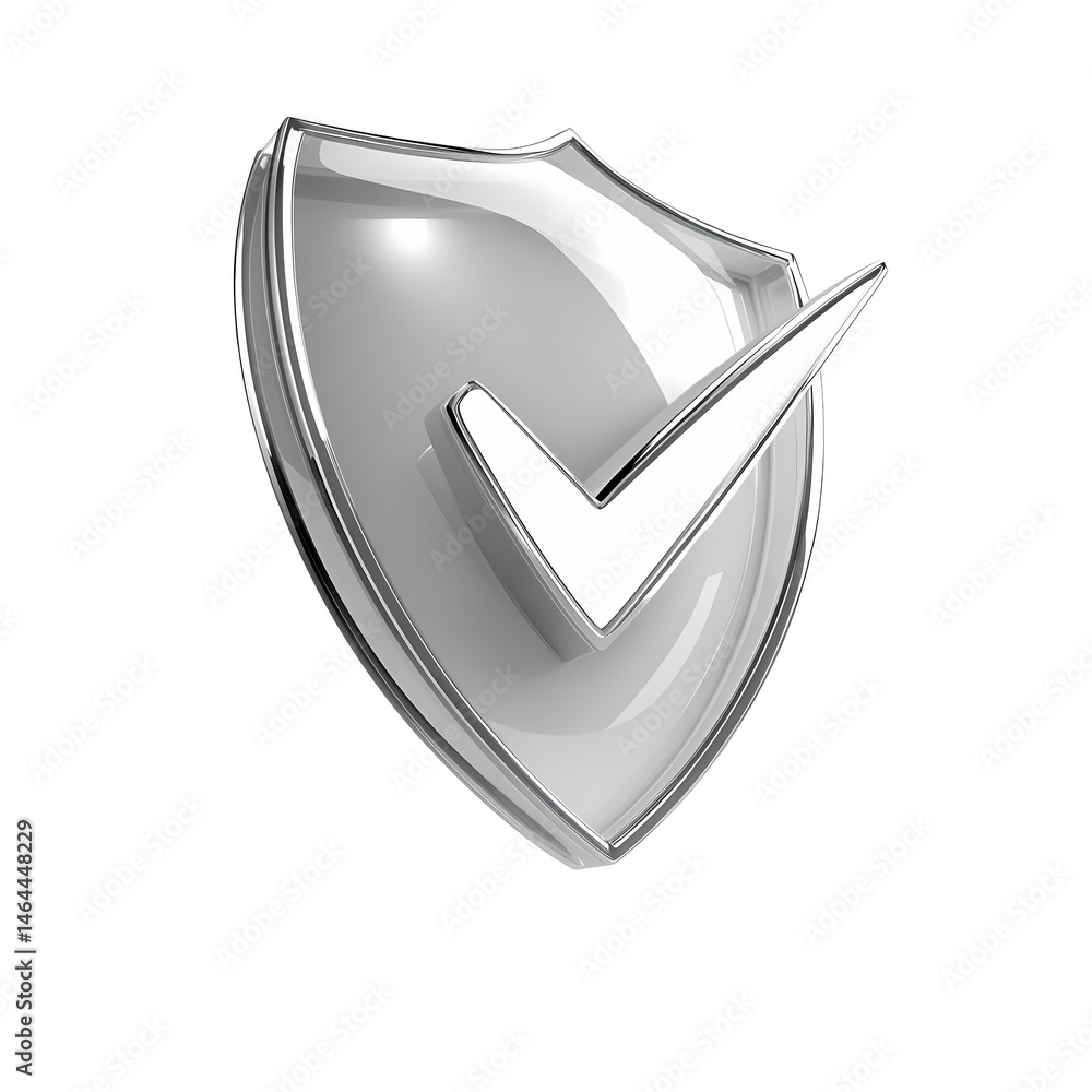 Poster 3d render of a shiny silver shield with check mark on transparent background