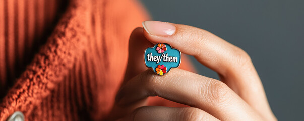 Pride month celebration with colorful they/them pin symbolizing LGBTQ identity and rainbow diversity