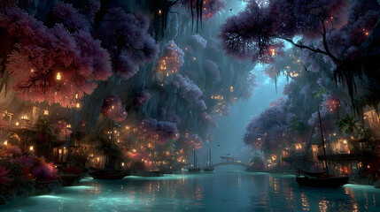 Enchanted Underwater Village Glowing Flora & River