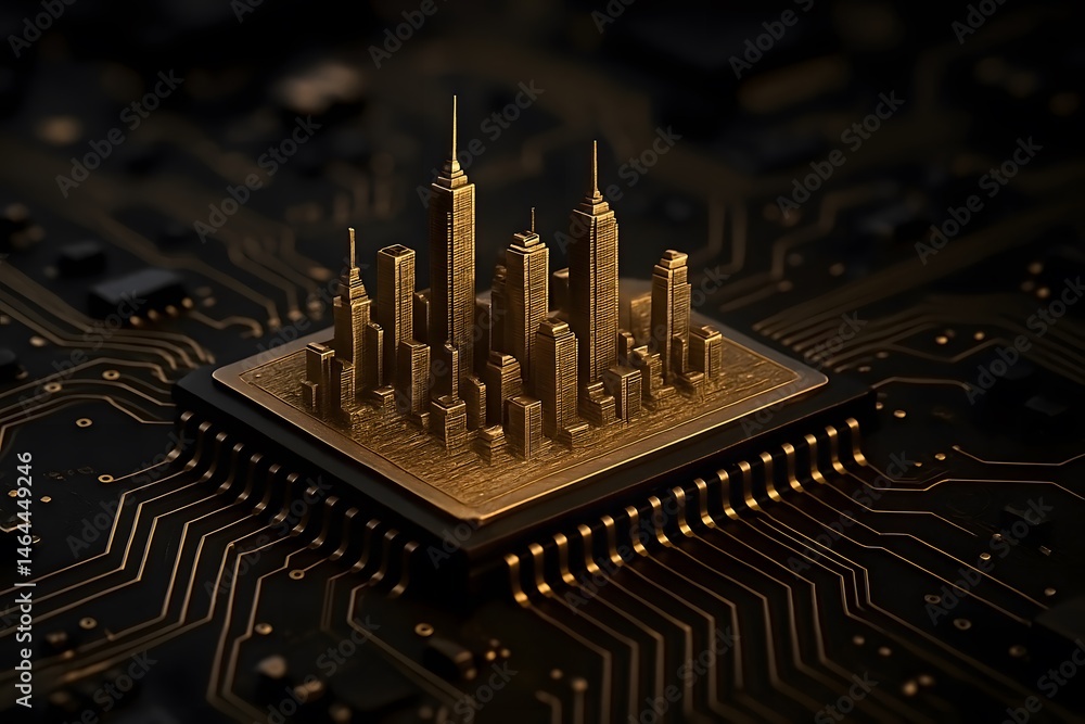 Poster futuristic golden cityscape represented on computer microchip a symbol of digital urbanization and t
