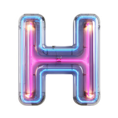 Isolated illuminated neon letter H with a blue outline and pink interior glow, presented against a clean white background for artistic graphic applications.