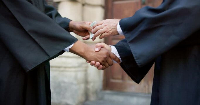 Handshake, people and cash for bribe by court, corruption or fixed guilty verdict with payment for illegal deal. Scam, fraud and crime with lawyer outdoor for unethical money or government cover up