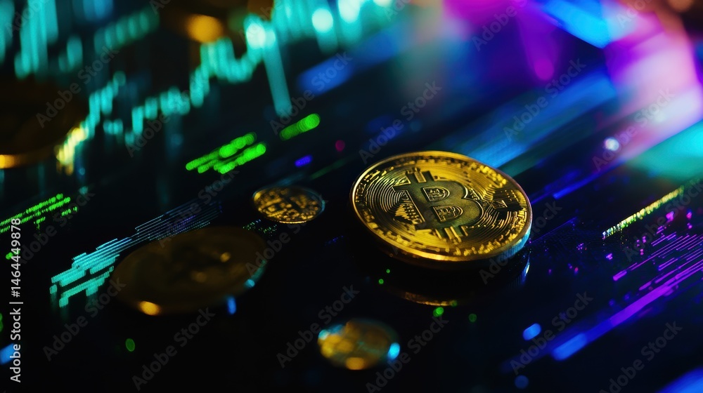 Poster cryptocurrency coins on digital finance graph display showcasing investment trends and market analys