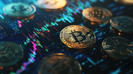Cryptocurrency coins on digital trading chart showing Bitcoin price trends and market fluctuations, investment concept with technology graphics.