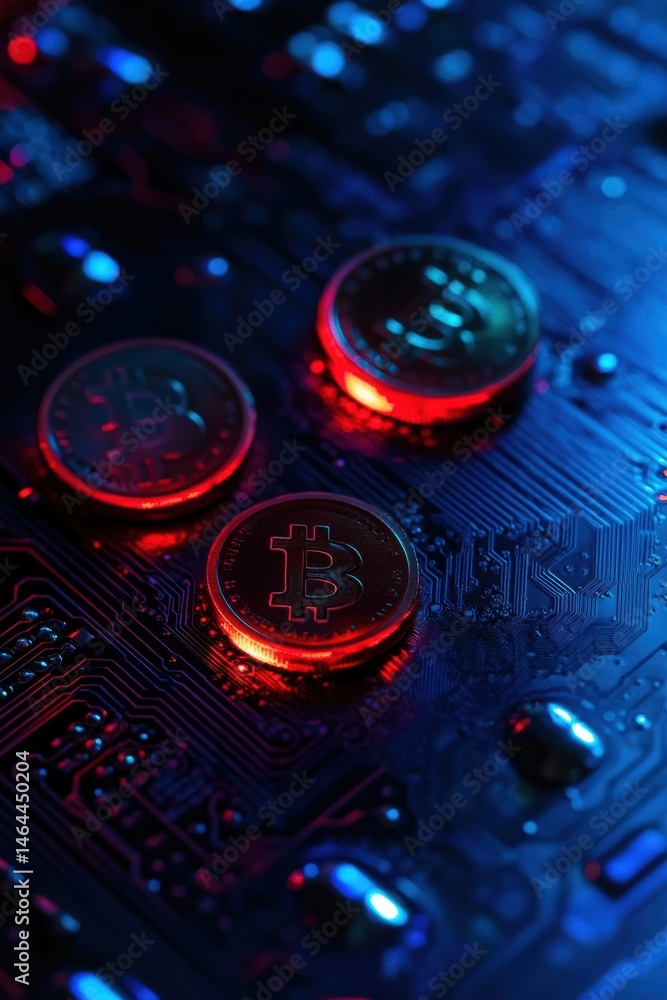 Poster cryptocurrency coins on a circuit board glowing in neon colors, representing digital currency techno