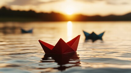 Colorful origami boats float gracefully on calm waters during a sunset, symbolizing nostalgia, childhood memories, and the tranquil beauty of serene landscapes at dusk.