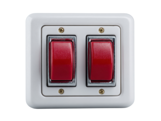 A double light switch with red rockers set within a white plate is presented on a clean backdrop offe a minimalist and functional aesthetic appeal altogether.