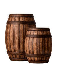Two rustic wooden barrels of different sizes stand side by side, showcasing their unique grain and textured surfaces against a stark white background in studio shot.