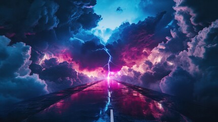 Road leading into dramatic stormy sky with vibrant lightning bolts and colorful clouds at sunset, atmospheric landscape, nature photography, surreal scenery.