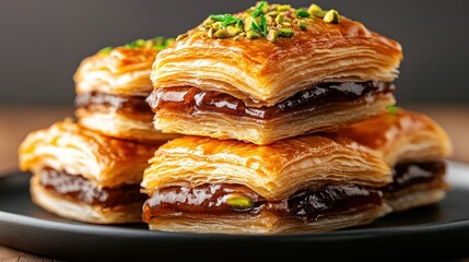 A visually striking arrangement of pastries topped with pistachios, showcasing a mix of colors and textures against a dark backdrop. Ideal for culinary and dessert themes.