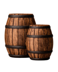 Fototapeta premium Two rustic wooden barrels of different sizes stand side by side on a stark white background, showcasing their grain and dark metal bands in a simple studio setting.