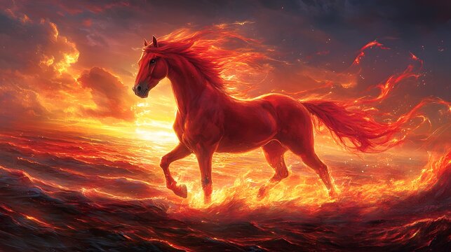 Fiery steed galloping across fiery waves.