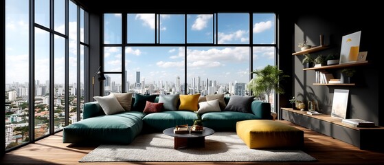 Modern living room with cityscape view, teal sofa, & decorative pillows, creating a luxury interior