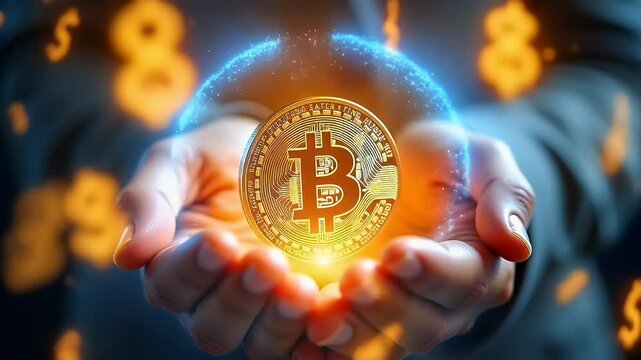 Hands holding glowing gold coin