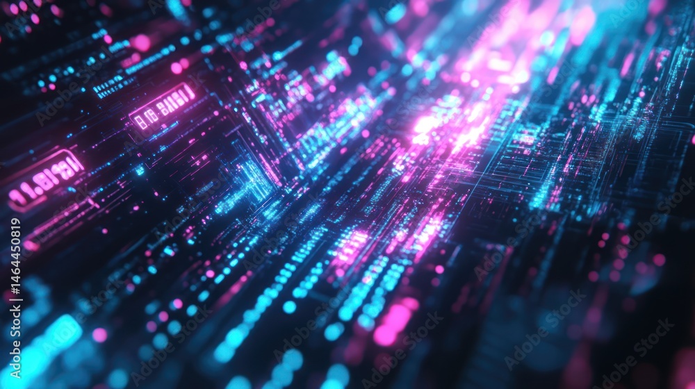 Poster abstract digital circuitry: neon hues and data streams