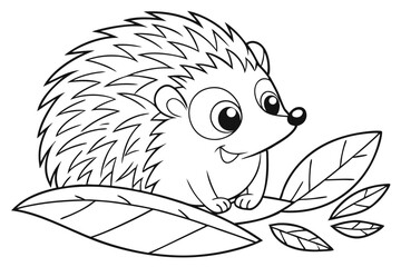 98 Cute cartoon hedgehog, black and white line drawing, simple illustration, spiky quills, large eyes, sitting on a leaf, childlike style, coloring book page, minimalist design, whimsical character, r
