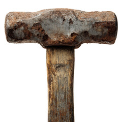 An old, rusty sledgehammer with a weathered wooden handle sits upright against a plain white backdrop, showcasing its age and heavy use with texture and detail.