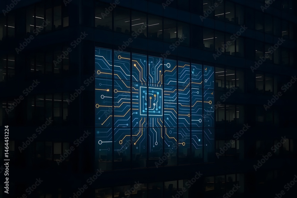 Poster modern office building illuminated with a futuristic circuit board design representing digital trans