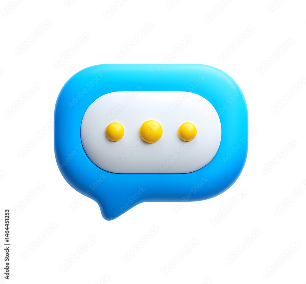 Poster 3d render of a blue speech bubble with three yellow dots on transparent background