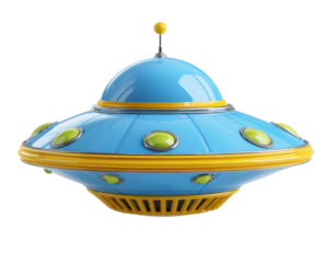 A whical blue and yellow UFO toy with green accents, floating mysteriously against a stark white background, evoking nostaia and childhood wonder.