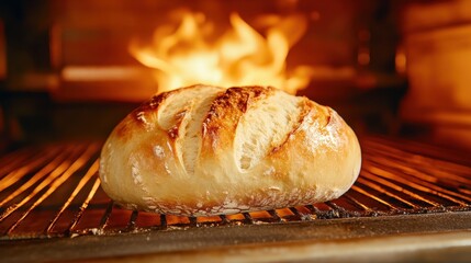 A perfectly shaped artisan bread loaf rests on a grill rack, surrounded by the warmth of an open flame, representing the joy of traditional baking and comfort food.