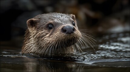 Neugieriger Otter taucht im Wasser auf und blickt in die Kamera
