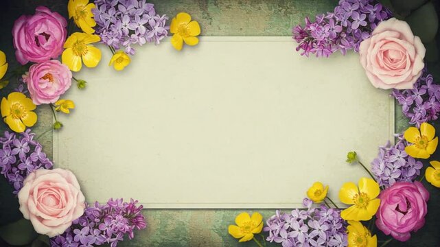春の優しい色合いの花 古紙風背景 素敵な配置