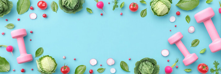 Fresh vegetables, including lettuce and tomatoes, are arranged alongside pink dumbbells on a bright blue surface. This setup promotes an active lifestyle and healthy eating habits