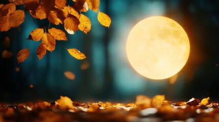 A stunning view of vibrant autumn leaves falling gracefully under a large, glowing moon, creating an enchanting and serene atmosphere in a forest setting.