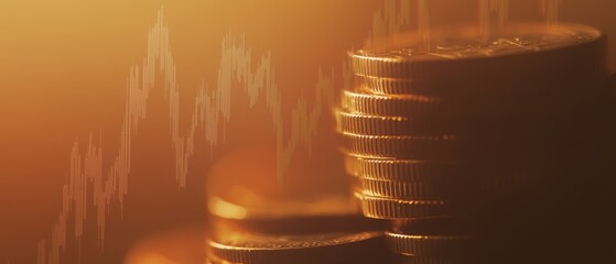 Coins stacked with financial chart overlay representing investment growth, money management, wealth accumulation, and economic trends for finance concepts.