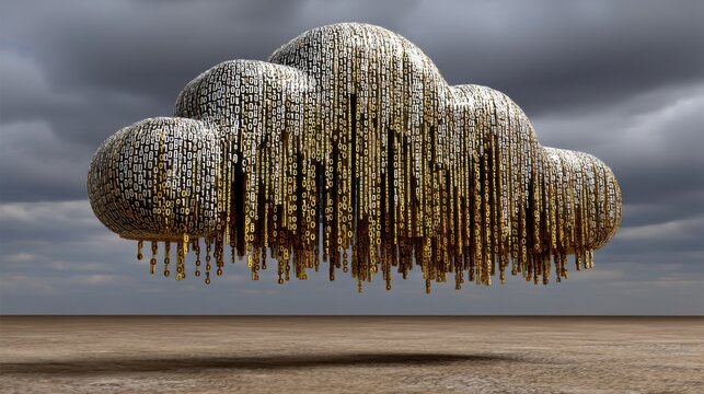 Futuristic Cloud Computing Concept with Binary Code and Gold Data Streams