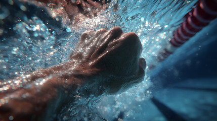 Fototapeta premium Underwater Close-up Swimmer's Hand Gripping Lane Line