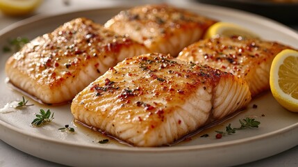 Four pan-seared fish fillets, golden brown and glazed, with lemon slices and herbs