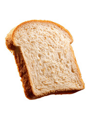 An appetizing slice of toasted wheat bread is displayed on a white background, showing its golden crust and soft texture, perfect for breakfast or a snack.