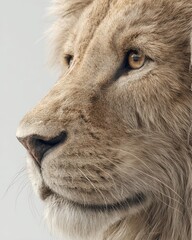 Close-up portrait of a majestic lion showcasing its detailed fur and expressive eyes against a neutral background