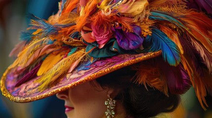 Fototapeta premium Ornate fascinator with vibrant feathers and flowers.