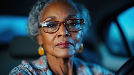 An elegant elderly woman with stylish glasses sits focused in her car, showcasing her sophistication and poise in a thoughtfully composed portrait with contrasting light.