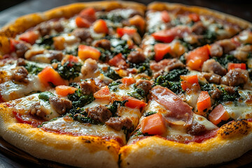 Closeup of Delicious Pizza with Spinach, Tomatoes, and Meat